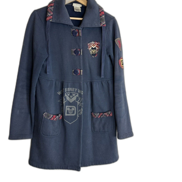 Disney Parks Long Button Down Sweatshirt Navy  Patchwork 1971 Plaid Womens Large - Picture 1 of 13